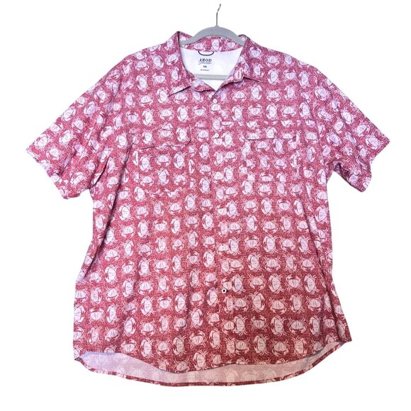 Izod Saltwater Mens XXL Red White Crab Print Short Sleeve Button-Up Summer Shirt - Picture 1 of 11